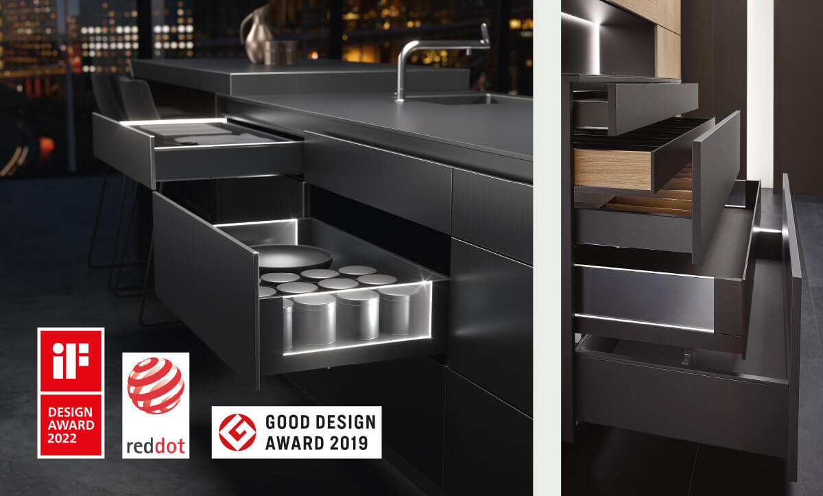 geöffnete Schubladen in verschiedenen Größen ausgezeichnet mit verschiedenen Design Awards